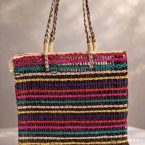 Handmade Natural Fiber Woven Tote Bag | Boho Multicolor Beach Bag